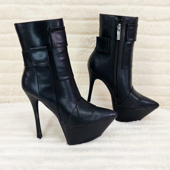 Kinder Pointy Toe Platform Stiletto Heel Ankle Boots Black Vegan Leather - Picture 2 of 9